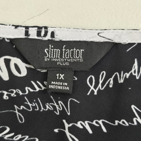 Slim Factor by Investments Womens Top Size 1X Plus Mini Scroll V-Neck Black Whit - Picture 7 of 12